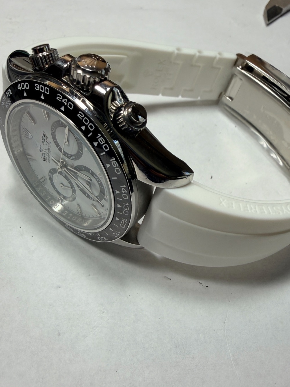 40.5 panda Stainless Chronograph Watch with White Dial & White Rubber Strap